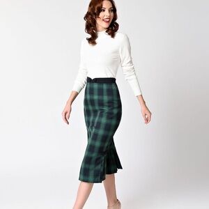 Voodoo Vixen Agnes Pleated Hem Midi Tartan Plaid Wiggle Pencil Skirt